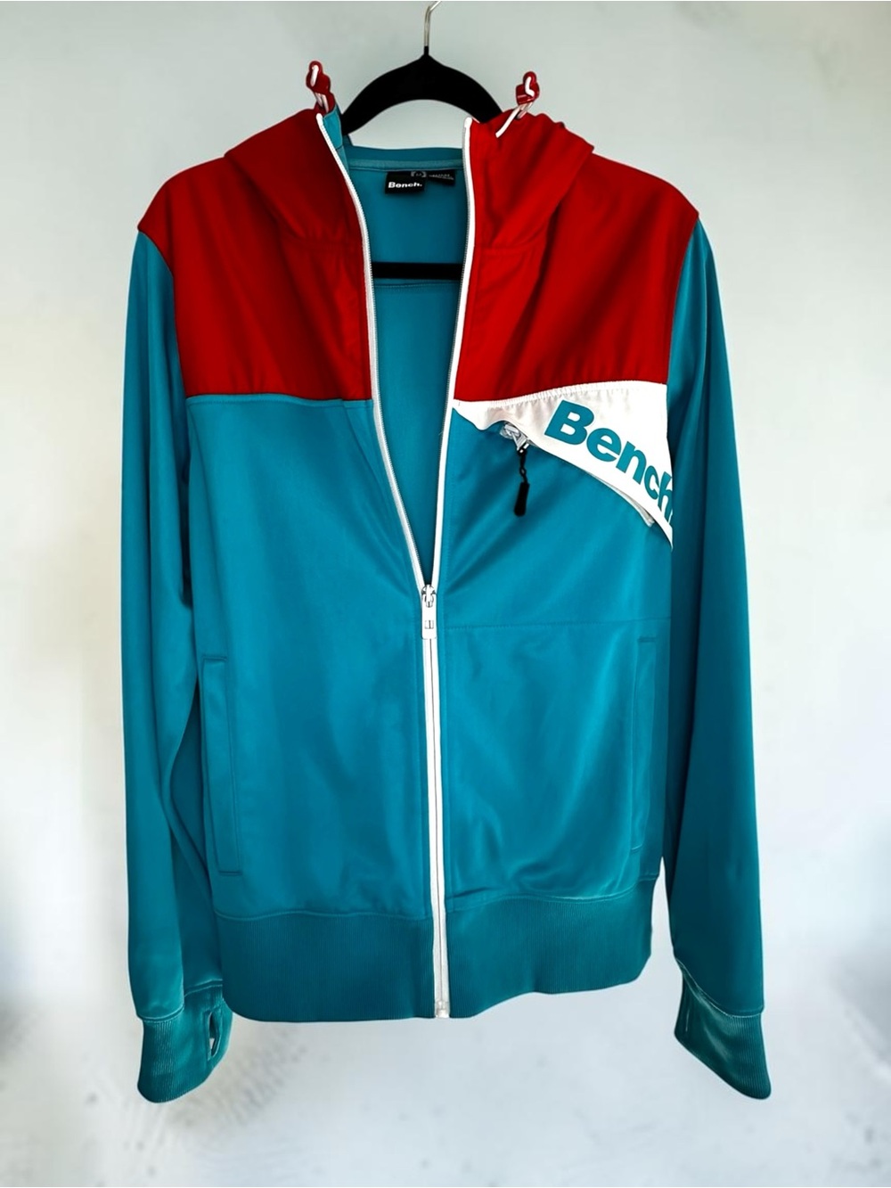 Bench Men’s Colourblock Full Zip Track Jacket Teal Red M Windbreaker Y2K